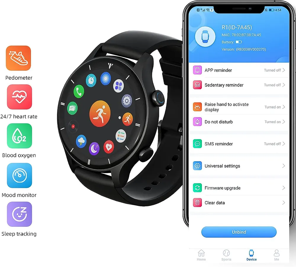 G-TIDE Smart Watch R1 ,1.32" Screen, Waterproof, Black