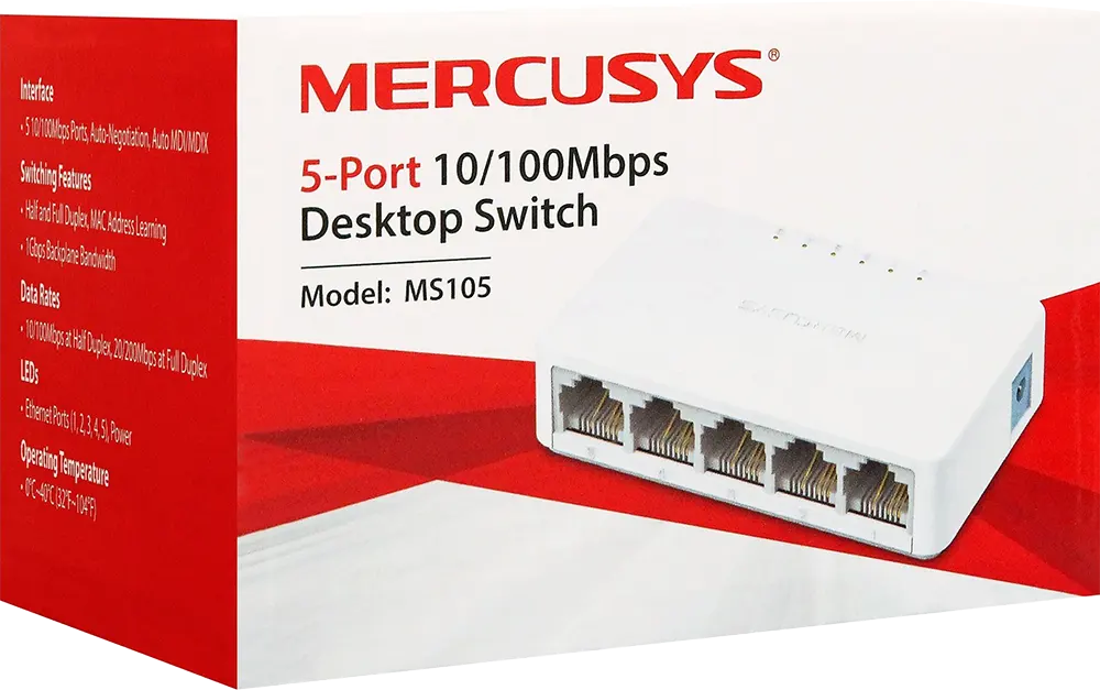 Mercusys Ethernet Desktop Switch, 5 Port, 10-100Mbps, White, MS105