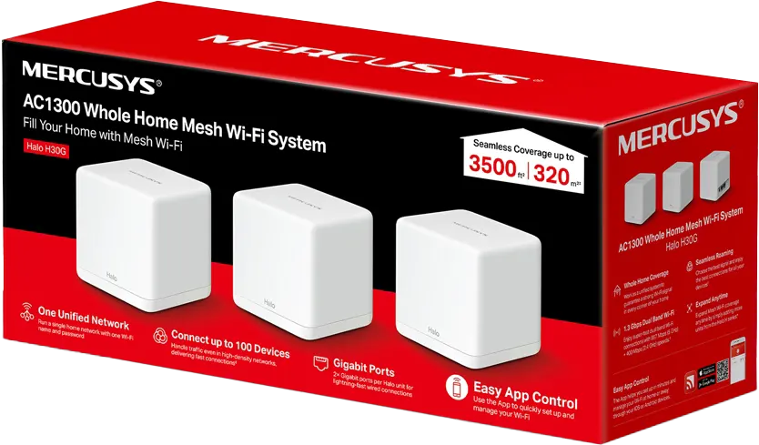 Mercusys Whole Home Mesh Wi-Fi System, 3-Pack, White, Halo H30G