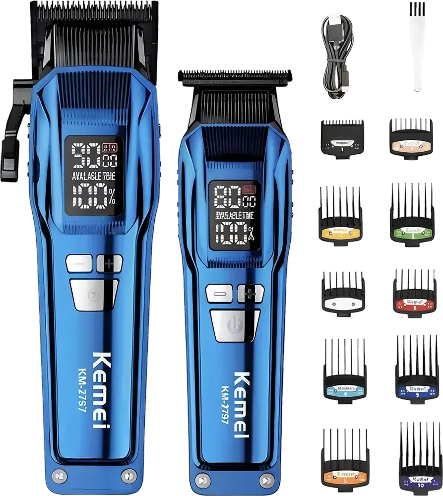Kemei Rechargeable Hair Clipper, with Beard Trimmer, Digital Display, Blue, KM-2797