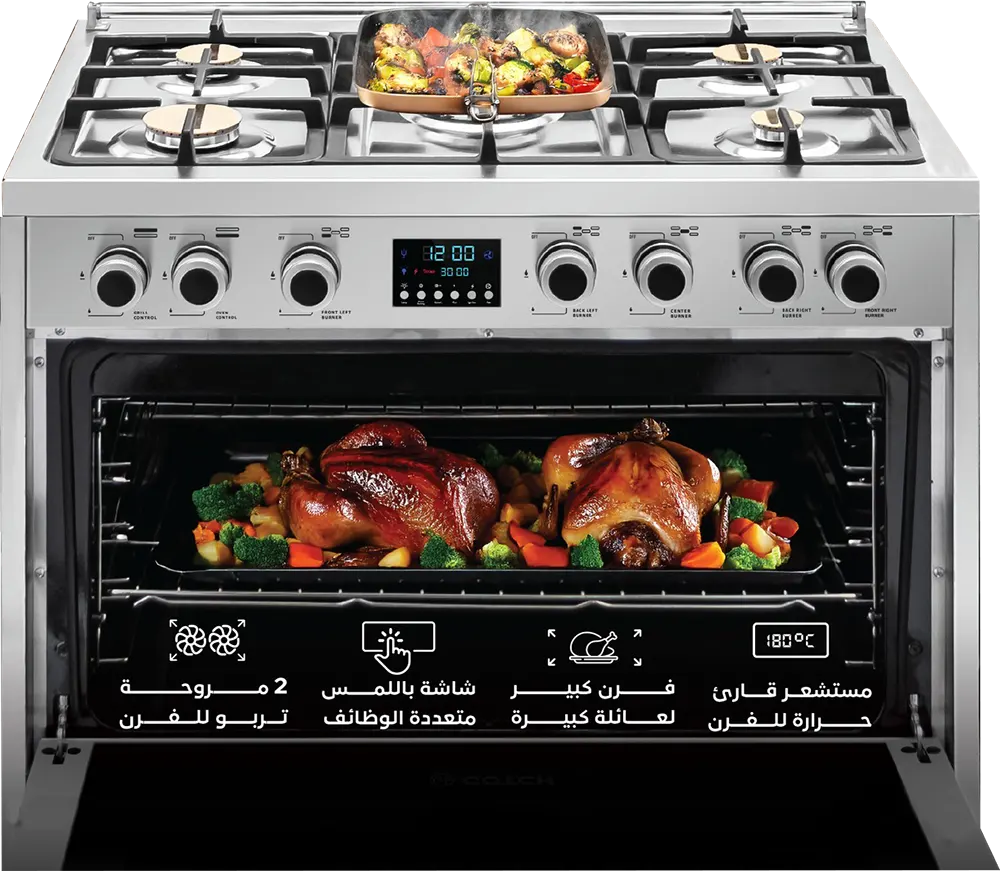 Gotch Gas Cooker,  90*60 cm, 5 Copper Burners, Full Safety, Cast Iron Pot Holder, Digital Screen, Stainless Steel, Silver, Model GOT-GC9060-TC