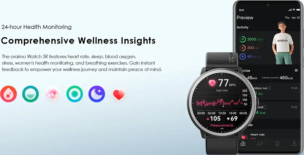 Oraimo R5 Smart Watch, 1.43 Inch AMOLED Screen, Bluetooth5.3 , Waterproof , Black , OSW-820