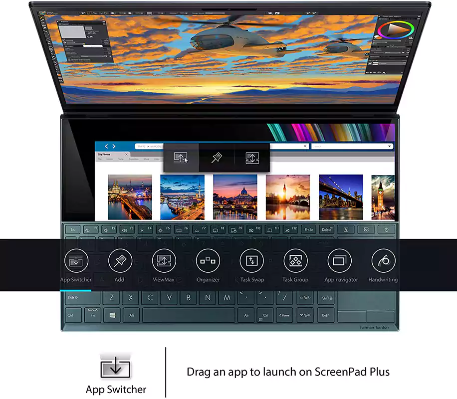ASUS Laptop ZenBook Duo UX481, Intel Core i7-10510U, 16GB RAM, 1TB PCIe SSD, Nvidia GeForce MX250 2GB, 14 Inch FHD Display, Windows, Blue