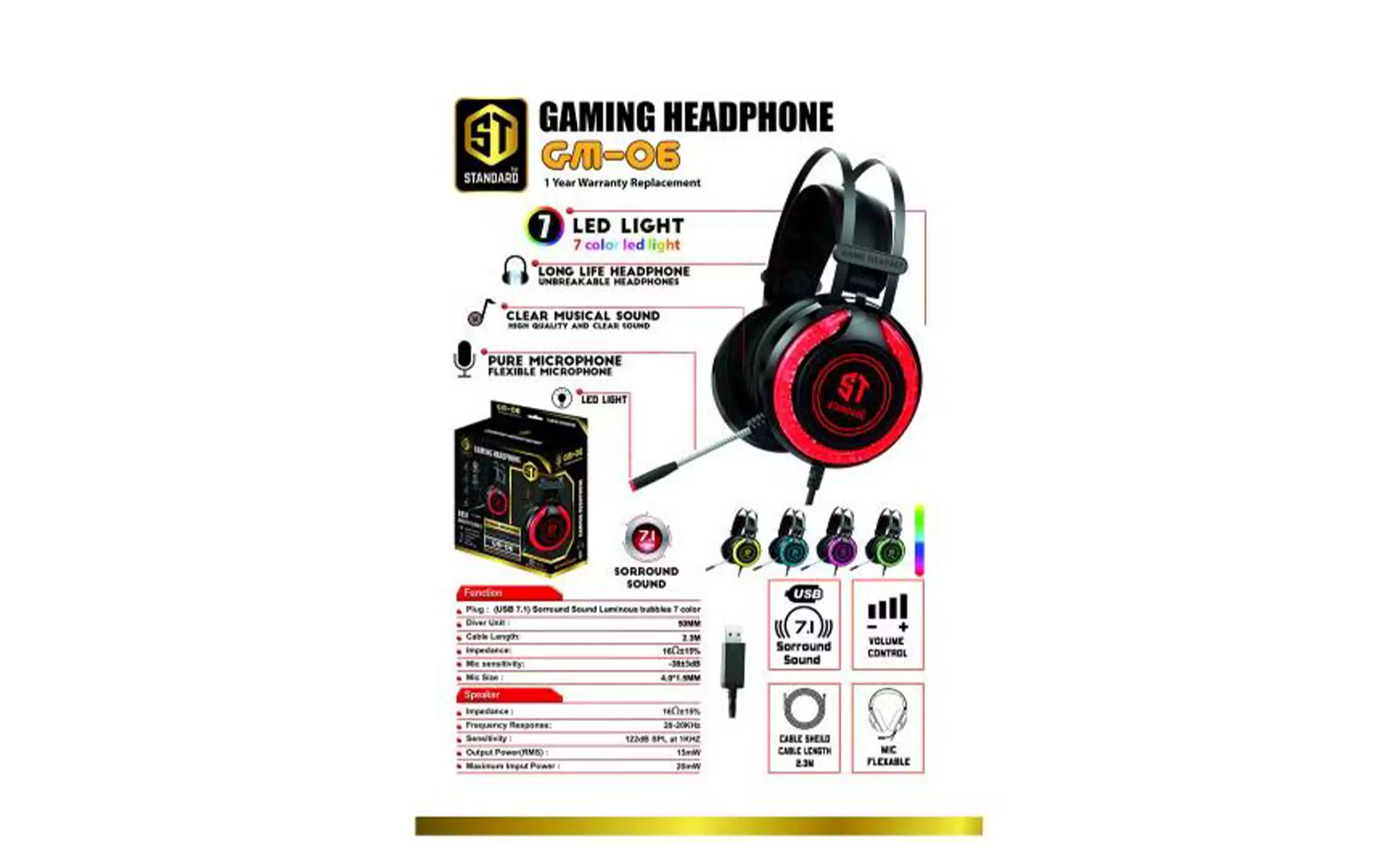 سماعة الألعاب إستاندردGM-06، سماعات رأس سلكية بتصميم مريح، صوت افتراضي محيطي 7.1 ، مايك مرن وغير قابل للكسر (-38 ± 3 dB)، سلك طوله 2.3 متر، أسود وأحمر