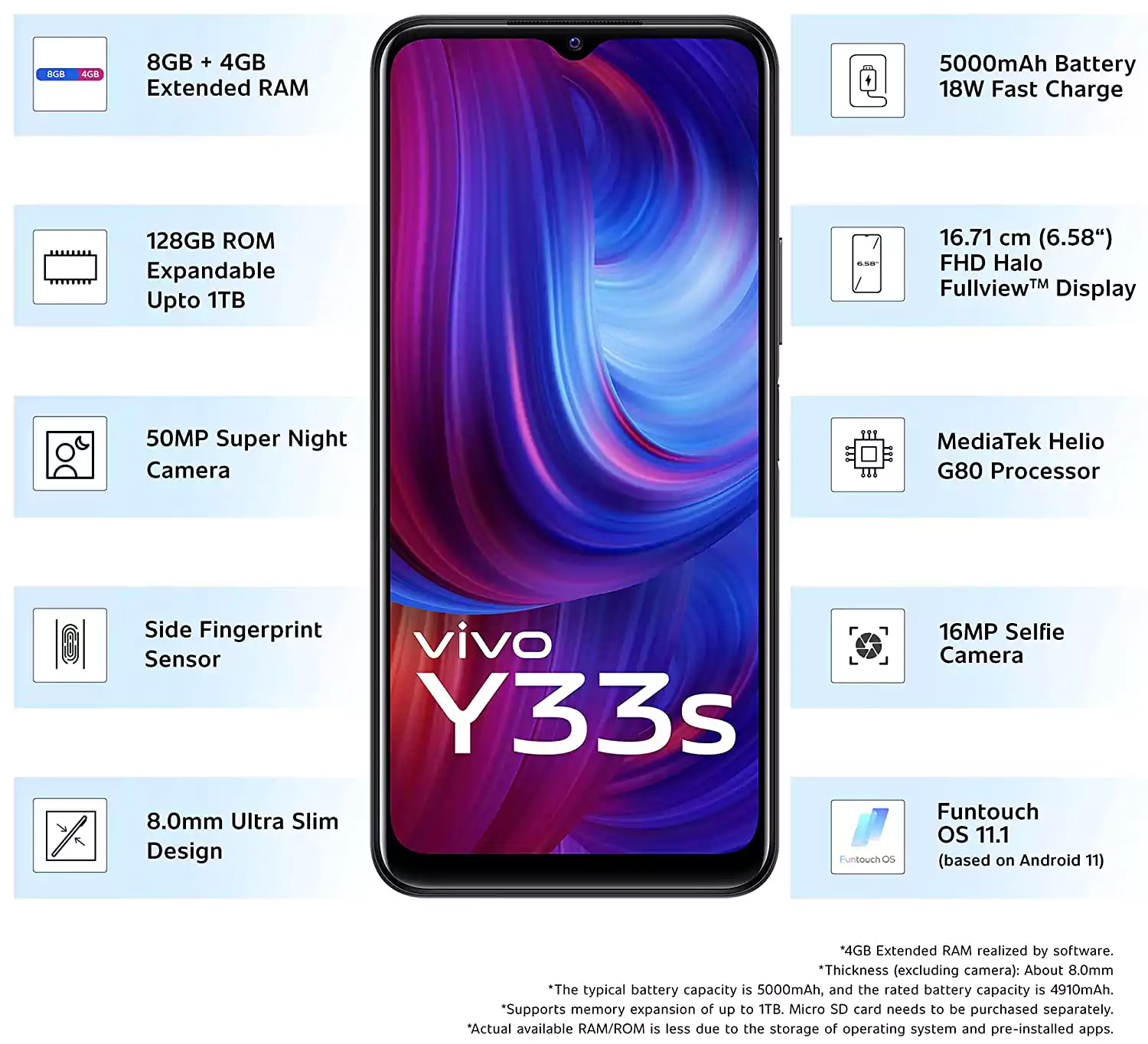 Vivo Y33S Dual SIM Mobile, 128GB Internal Memory, 4GB RAM, 4G LTE Network, Black